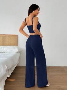 SHEIN EZwear 女士简约纯色单排扣短款吊带背心和阔腿裤两件套，适合夏季