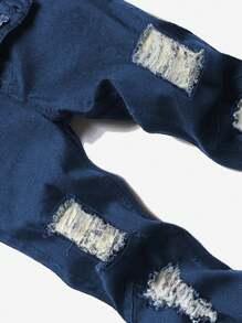 Manfinity Homme 大码男士口袋破洞紧身休闲牛仔裤，百搭 - 深色水洗藍 - 查看 5