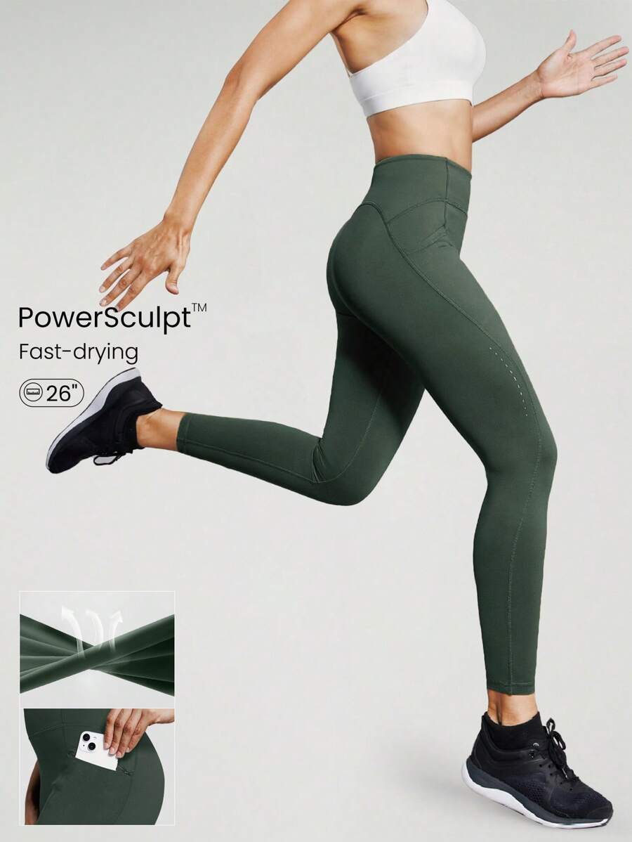 GLOWMODE 26英吋powersculpt高腰緊身褲,無限調節腰部,帶拉鍊口袋,快速乾燥 - 獵人綠 - 查看 1