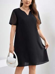 SHEIN Clasi Plus Size Women Summer Notched V-Neck Mesh Short Sleeve Trapeze Loose Dress
