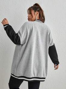 Muchica Plus Letter Patched Striped Trim Drop Shoulder Varsity Jacket Winter Fall Autumn - Light Grey - View 8