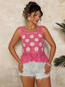 Travachic 大码女式雏菊图案镂空无袖针织上衣 - 粉色 - 查看 6