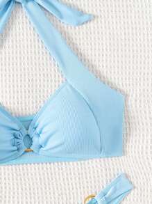 SHEIN Swim 夏季海滩女式纯色露背文胸和泳裤比基尼套装泳衣棕色比基尼两件套比基尼 - 藍色 - 查看 5
