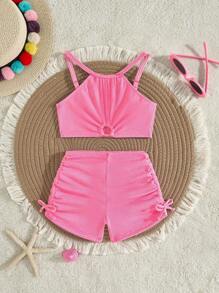 SHEIN Set di costumi da bagno per giovani ragazze, top canotta e pantaloncini di colore unito, modello delicato e carino