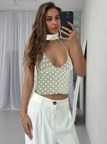 Aloruh Elegant Sexy Backless Spaghetti Strap Polka Dot Tank Top For Women - Mint Green - View 8