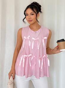 Chiquease Spliced ​​Bow Sweet And Cute Age-Reducing Ladies' Shirts Cute Summer Tops Ladies Short Pink Tops - Pink - View 3