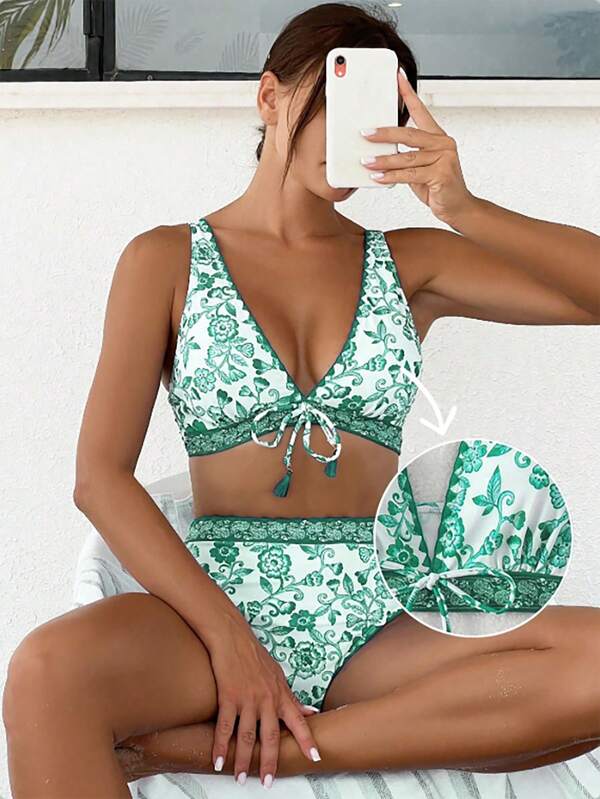 Women's Summer Beach Floral Print Tie-Front Sexy Bikini Set