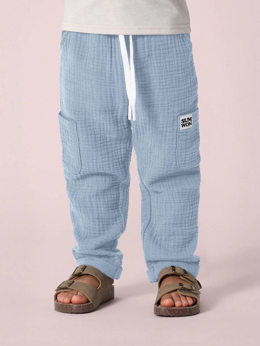 SUMWON Kids Pull On Pants Muslin Cotton Textured Cargo Style Wear Casual Everyday Comfort Drawstring Elastic Waist - Dusty Blue - View 1