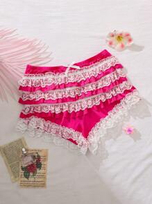 PetitDoll Satin, viền xếp nếp, ren chắp vá, màu tương phản, quần lót nữ dễ thương và ngọt ngào - Màu Hồng Tươi - Xem 6