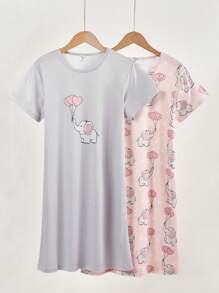 2 Stücke Mädchen Süße Schaf Muster Modische Bequeme Rundhals Kurzarm Lang Nachthemd Pyjama Set