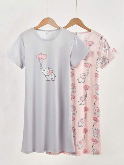 2pcs Girls Cute Sheep Print Fashionable Comfy Crew Neck Short Sleeve Long Nightgown Pajamas Set Sleep Wear Kids Girls Dress Girls Elephant Nightgown