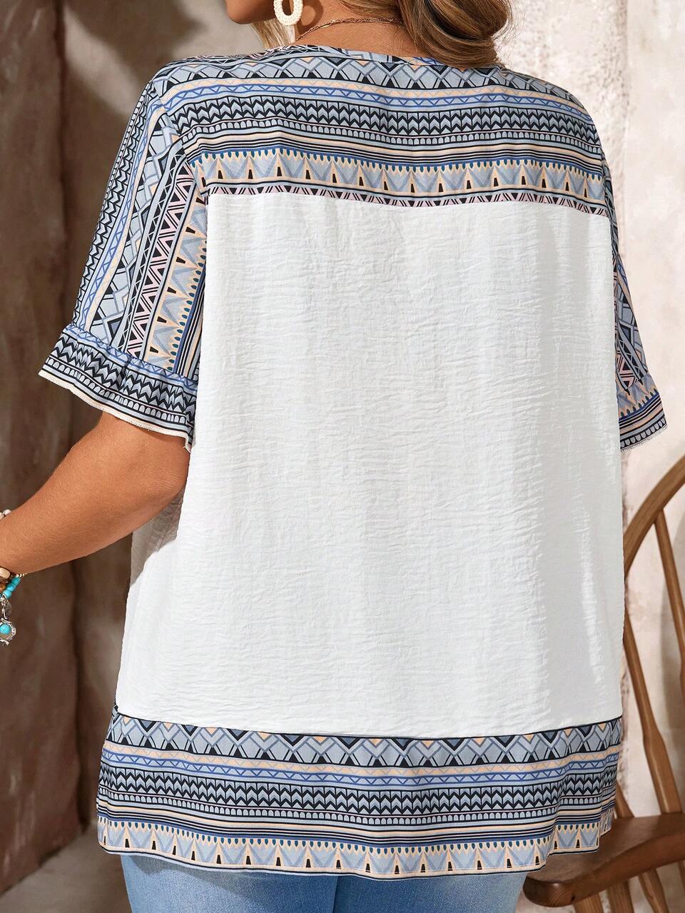 Plus Size Retro Style Printed Round Neck Short Sleeve Shirt,Summer For Women,Vacation For Women,Holiday Boho