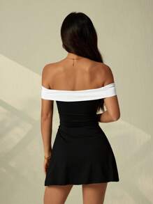 SHEIN PETITE Women's Off Shoulder Solid Color Patchwork Slim Fit Short Dress,Club Outfits Women Sexy