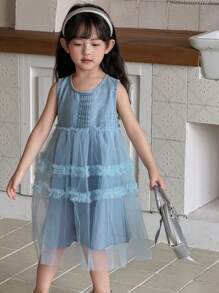 DAZY Young Girl' Round Neck Mesh Patchwork Sleeveless Denim Dress, Fresh Summer Style