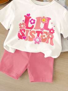 SHEIN Happikins Matching Sister Sets Cute Pink Letter "Lil Sister" & Flower Print, Baby Girl Casual Minimalist Round Neck Short Sleeve T-Shirt & Skinny Shorts Suit, Suitable For Spring/Summer - Multicolor - View 7