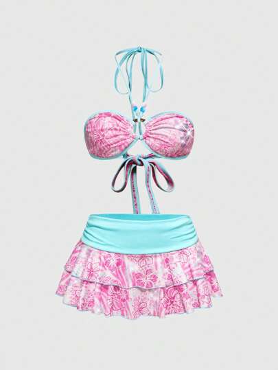 J-Fashion Y2K Spice Girls Coconut Girl Style Vacation Seashore Contrast Color Hibiscus Hawaiian Mesh Crystal Decor Crop Top And Ruffle Hem Mini Skirt 2-Piece Set For Women