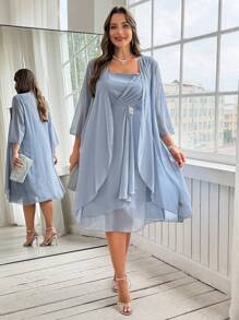 Ellevyn Plus Size Elegant And RomanticChiffon Two Pieces Set: Summer Elegant Flowing Chiffon Coat And Multi-Layered Ruffled Chiffon Waist Rhinestone Decoration Dress Spring/Summer Outfits For Women - Baby Blue - View 7