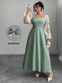 Modelyn 大码女式蝴蝶结拼色方领连衣裙 - 綠色 - 查看 1