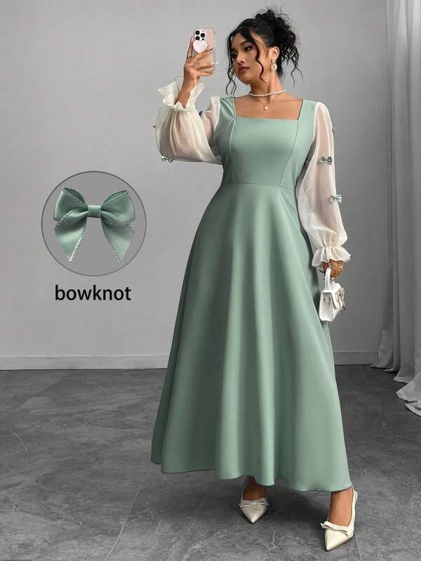 Modelyn Plus Size Women Bow Accent Colorblock Square Neck Dress Fall Cloth For Women