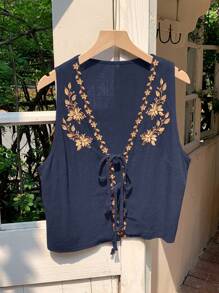 Comfortcana 夏季波西米亚风格深蓝色花卉刺绣前系带无袖女式衬衫 - 藏蓝色 - 查看 7