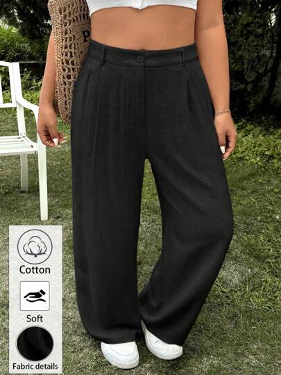 SHEIN EZwear Plus Size Casual Solid Color Pants, Spring Cotton Pants Comfy Pants,Business Casual Woman