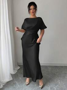 Elenzga Plus Size Women's Black Summer Elegant Formal Evening Dress,Satin French Style Luxurious V-Neck Wrap Waist Fishtail Hem Long Dress For Office,Party - Black - View 7