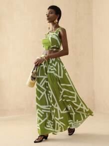 Vesra Women Sleeveless Crop Top And Wide Hem Skirt Set - Multicolor - View 3