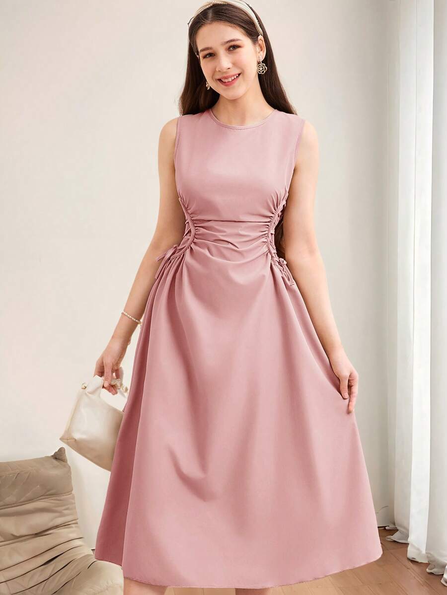 SHEIN Leap Crew Vestido largo elegante para adolescentes con cuello redondo, cintura fruncida y detalles cruzados laterales en unicolor para una cita - Rosa - Ver 1