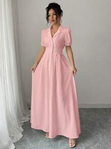 Elenzga Women's Solid Color Lapel Neck Short Puff Sleeve Single-Breasted Shirt Dress, Summer - Baby Pink - View 6