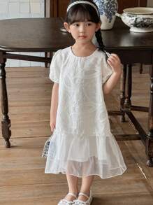 DAZY 小女孩圆领纹理拼布荷叶边下摆中长连衣裙，女孩夏季服装 - 杏色 - 查看 2