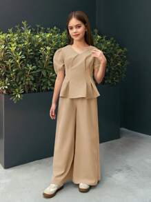 SHEIN 青少年女孩休闲通勤泡泡袖上衣和直筒裤两件套 - 卡其色 - 查看 4
