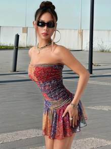 SHEIN ICON 女士性感撞色印花抹胸迷你连衣裙，夏季 - 彩色 - 查看 7