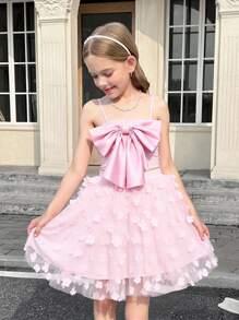 Tween Girl Woven Solid Color Big Bow Camisole Top & 3D Floral Skirt 2 Pieces Set, Cute Princess Dress - Pink - View 2