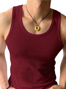 Manfinity Sport Corelite Men's Casual Solid Color Ribbed Tank Top, Versatile For Summer - Burgundy - View 3