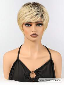 Pixie Cut Short Real Human Hair Wig With Bangs Wear&Go Wig For Women Blonde With Dark Roots Color 150% Density - S2/24 - View 2
