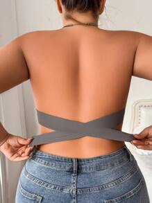 SHEIN Plus Size Women Strapless Criss-Cross Back Hook Closure Wireless Tube Top Camisole Bra - Grey - View 5