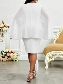 SHEIN Lady Elegante vestido de manga de capa, cuello redondo, fluido y ajustado a la cadera, de punto y gasa en rosa, para bodas, Pascua, graduaciones, invitadas de boda, vacaciones y estilo boho para mujeres