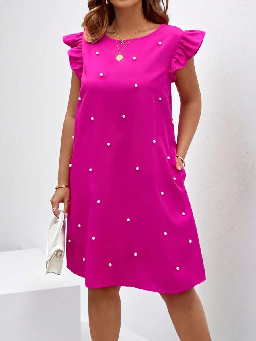 Chikora 大码女式仿珍珠装饰口袋系带优雅连衣裙