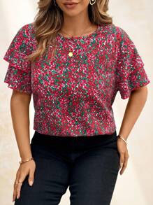 SHEIN Clasi Elegante Bluse mit Rüschen und Blümchen Muster in Große Größen, Urlaubsstil, Sommer für Frauen, Sommerbluse, züchtige Frauen, Blümchen, lustig, geeignet für eleganten Alltags-Look, Urlaubsfrau, Sommer für Frauen, Business-Casual-Frau, Ausgehoberteil für Frauen, Büromode für Frauen, Frühling für Frauen, Festival, Old Money, Kurzarmbluse für Frauen, elegante Frau, züchtige Frauen, Lässig-Oberteil für Frauen, Frühlingsferien, St. Patrick''s Day - Verschiedenfarbig - Übersicht 1