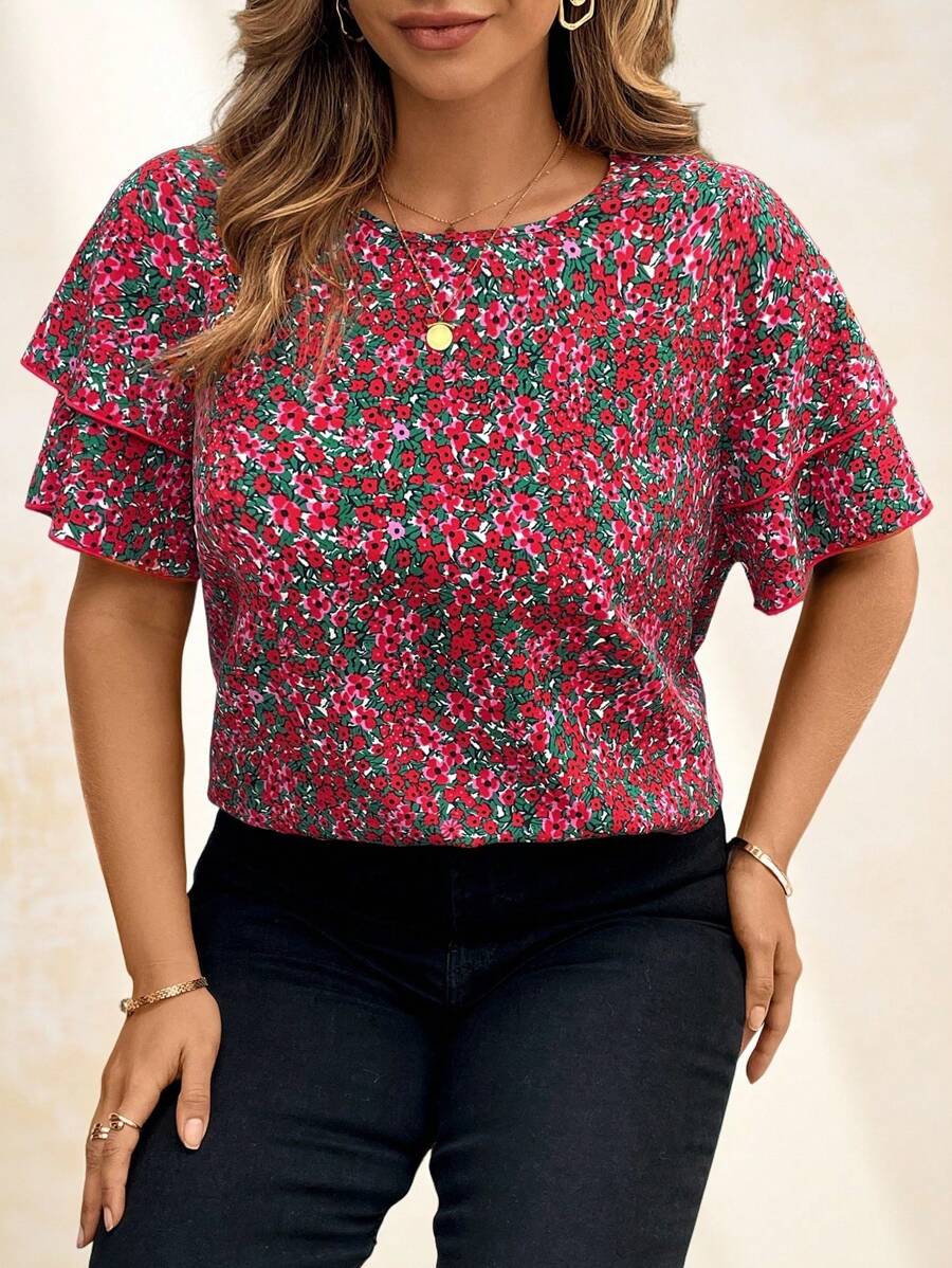 SHEIN Clasi Elegante Bluse mit Rüschen und Blümchen Muster in Große Größen, Urlaubsstil, Sommer für Frauen, Sommerbluse, züchtige Frauen, Blümchen, lustig, geeignet für eleganten Alltags-Look, Urlaubsfrau, Sommer für Frauen, Business-Casual-Frau, Ausgehoberteil für Frauen, Büromode für Frauen, Frühling für Frauen, Festival, Old Money, Kurzarmbluse für Frauen, elegante Frau, züchtige Frauen, Lässig-Oberteil für Frauen, Frühlingsferien, St. Patrick''s Day - Verschiedenfarbig - Übersicht 1