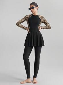 Ontre 女士秋季时装、独立日、女教师制服、度假装、女士泳装套装、长袖、长裤、泳衣、豹纹、女士泳装、夏季服装、沙滩装、2025年新品系列 - 棕色 - 查看 4