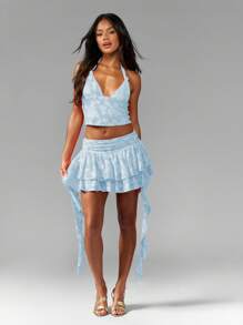MISSGUIDED Floral Embossed Halter Neck Textured Cami Top Summer Festival Evening Party Ladies Camisole Backless Crop Top - Blue - View 5