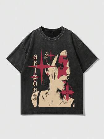 Street Life Camiseta suelta con lavado y gráfico de figura y letra oscura de estilo anime para hombres