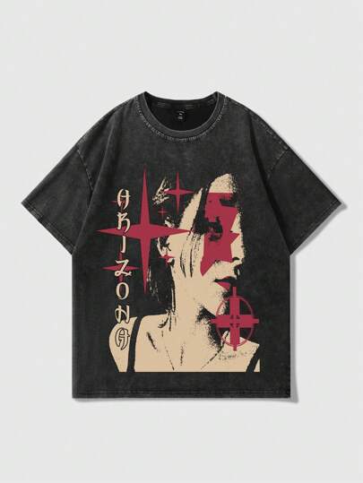 Street Life T-shirt ample lavé avec graphique de figure sombre et lettre, style mode anime pour hommes