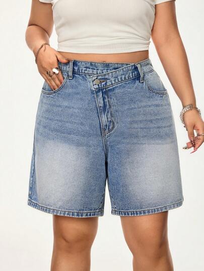 SHEIN ICON Plus Size Women Casual Street Asymmetrical High Waist Pockets Denim Shorts