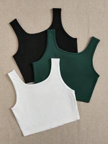 SHEIN EZwear 多件休闲简约黑、白、绿适合夏季圆领修身大码女式吊带背心和背心 - 彩色 - 查看 2