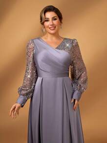 Serin Plus Size Women's Elegant And Gorgeous Gray Luxury Fine Glitter Beads Sequins Stitching Satin Lantern Long Sleeves Overlap V Neck Pleated A-Line Hem I-Shaped Pleats Suitable For Mothers To Attend Wedding Events Bachelorette Parties Dating Dance Dinner Holiday Music Festival Evening Dresses Bride Mother Dress - Grey - View 7