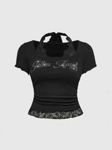 ROMWE Grunge Punk Plus Size Women's Summer Rhinestone Letter Halter Lace-Up Short Sleeve T-Shirt