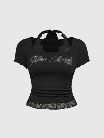 Grunge Punk Damen Große Größen Sommer T-Shirt mit Strass Buchstaben, Trägerhalsausschnitt und Schnürung an den Ärmeln