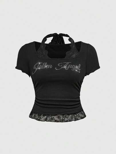 Grunge Punk Maglietta estiva da donna taglie forti con strass, scollo ad alette e maniche corte con lacci